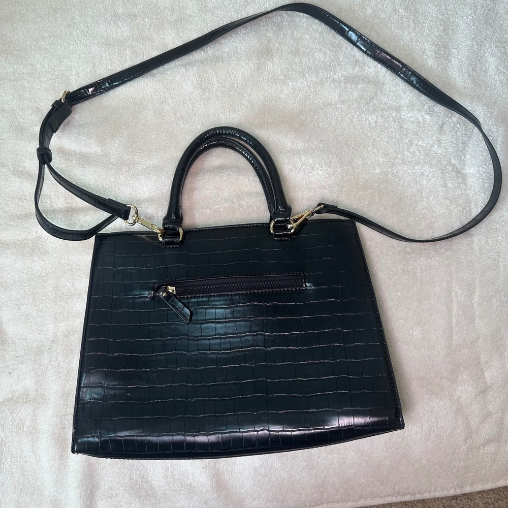 Anne Klein Black Crocodile Embossed Satchel Bag Zebra Print Accent Gold Hardware - Picture 3 of 4